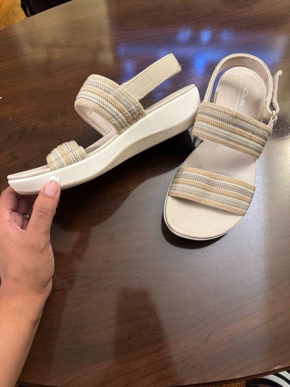 Clarks Arla Stroll Cloudsteppers Beige Combo Comfort Sandals Wedge US 9 Resort - Picture 2 of 5